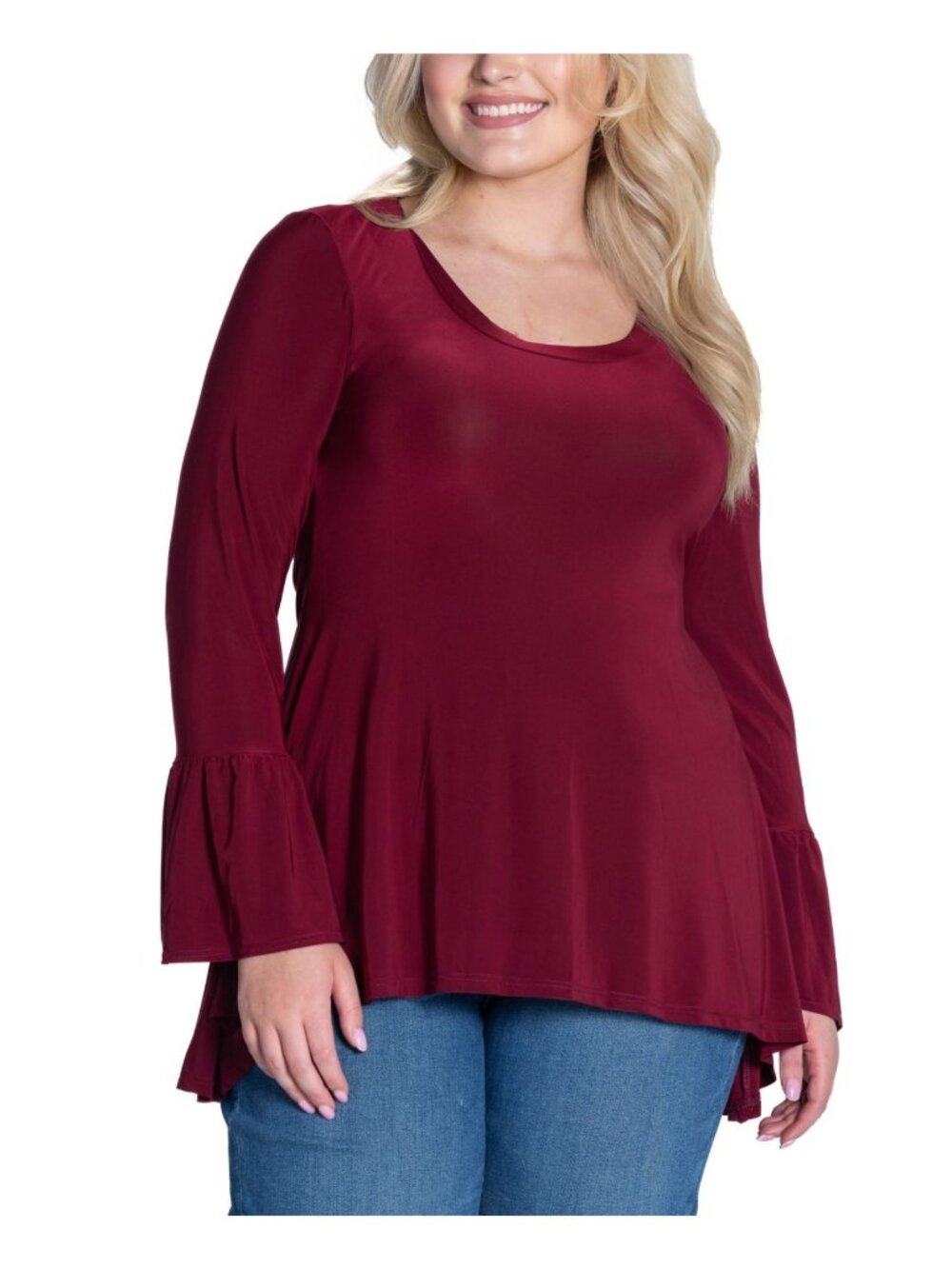24seven Comfort Apparel Plus Size 2X Bell Sleeve Tunic Top Burgundy Red $64